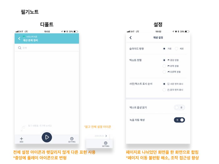 설명 자료: 재생 설정 아이콘을 재생 버튼으로 바꾸고 나뉜 페이지를 한 화면으로 합친 이유