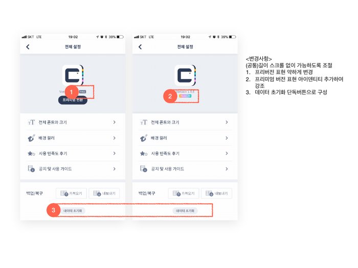 설명 자료: 무료와 프리미엄 버전 표현의 변경 사항