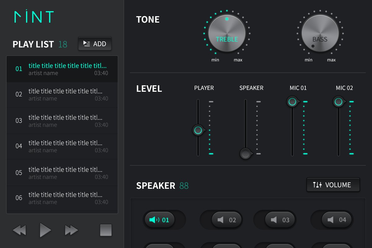 시안 A. 왼쪽 세로 단에 로고와 재생 목록, 오른쪽에 TONE, LEVEL, SPEAKER를 위아래로 배치