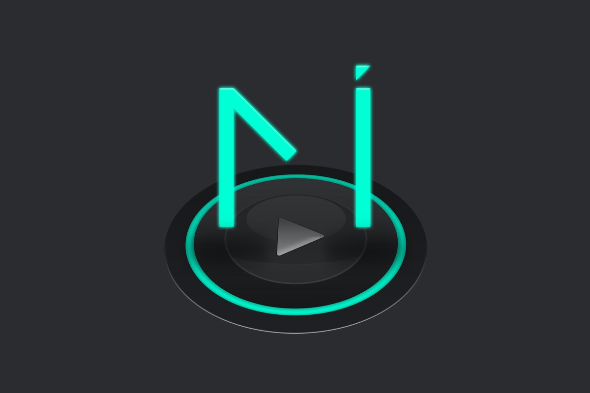 MINT 앱 아이콘. 민트색으로 빛나는 M 글자가 검은 원형 스피커와 재생 버튼 위에 서 있는 모습