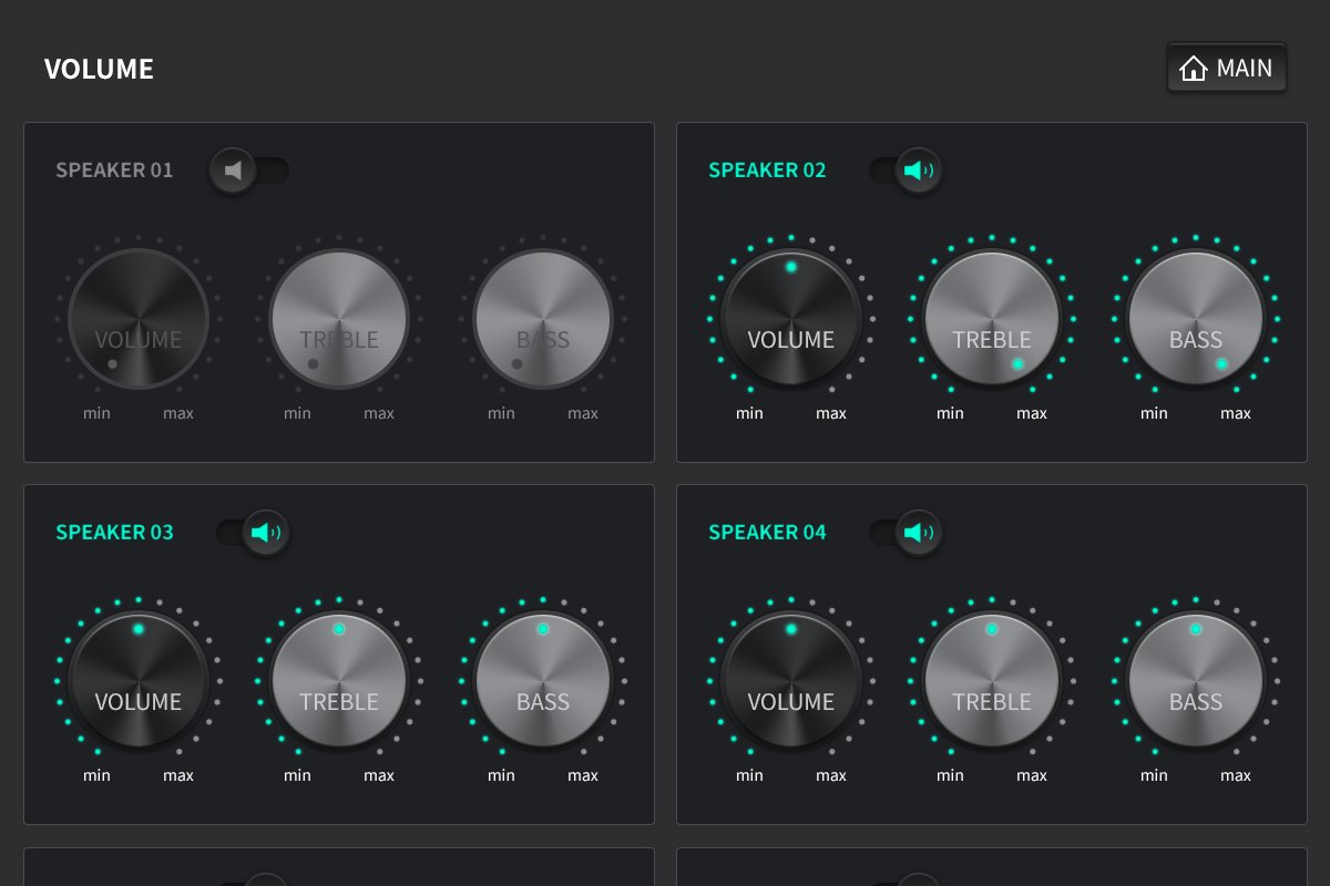 MINT 스피커 볼륨 화면. 스피커마다 VOLUME, TREBLE, BASS 노브가 한 칸에 들어가 있고, 꺼진 SPEAKER 01은 회색으로 흐리게 표시