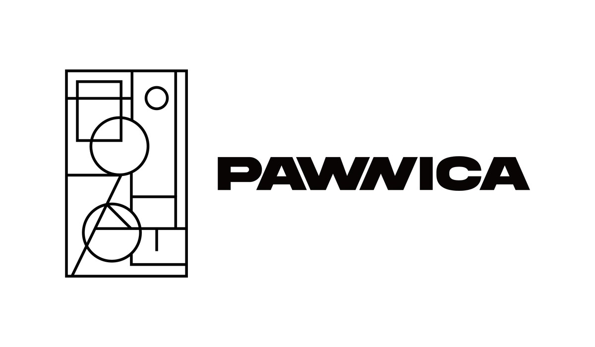 새 로고. 세로 틀 안에 원과 사각형, 직선으로 다시 그린 멍이장군 표식과 PAWNICA 워드마크
