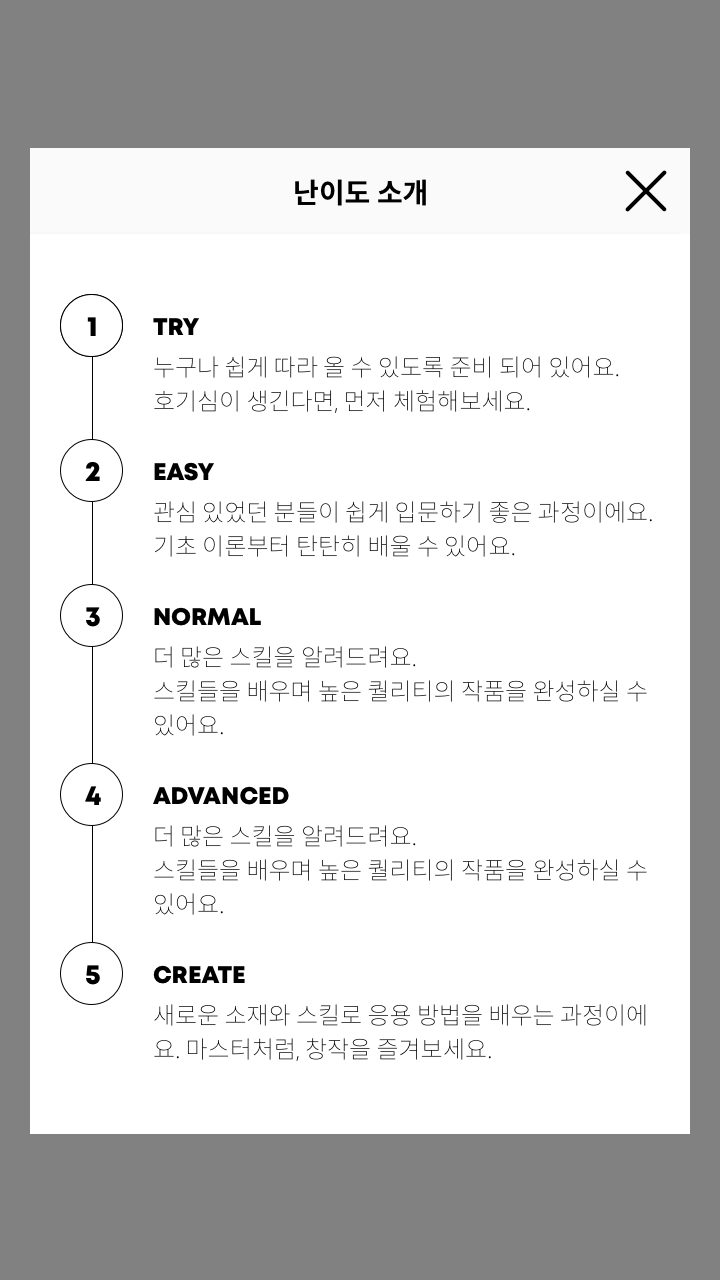 모바일 난이도 소개 화면. TRY부터 CREATE까지 다섯 단계와 단계별 설명